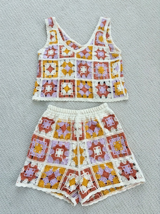Rebellion Tops - Rebellion Cream Lined Shorts with Crochet Trim Set XS/Small